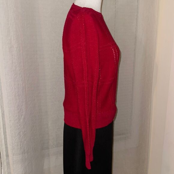 ILGWU S Cerise Pink Boatneck Reverse Knit Eyelet Pullover Sweater Crochet Trim - Picture 7 of 11